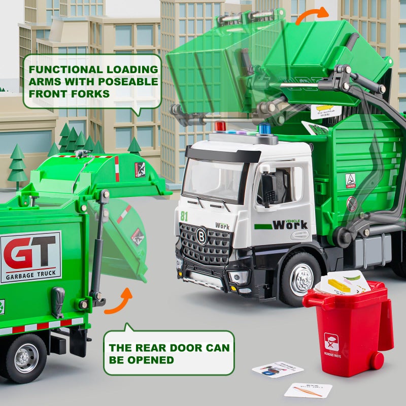 TAKGUD Garbage Truck Toys for Boys  12"" Big Trash Truck with Lights and Sounds  Friction Powered Waste Management Recycling Toy Set with 4 Trash Cans and Sorting Cards  Gift for Kids - Image 5